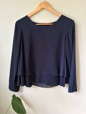 Zara Navy Layered Chiffon-Trim Long Sleeve Blouse